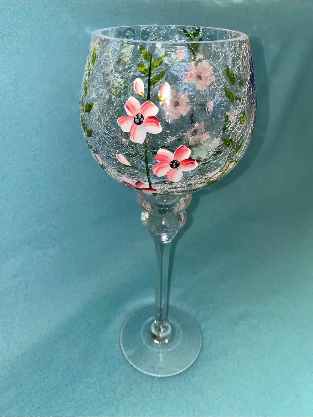YANKEE CANDLE hand painted floral crackle glass vintage votive holder size 14”